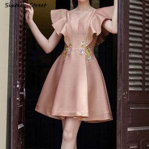 2022วินเทจประดับด้วยลูกปัดชุดผู้หญิง Ruffles แขนคอ V พรรคหรูหรา Vestido ผู้หญิงเสื้อผ้าวันหยุดมินิเดรสแขนกุด