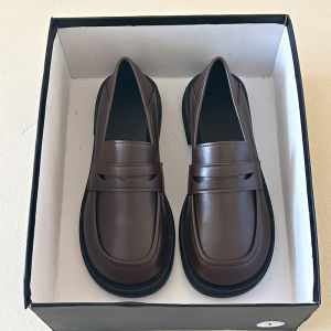 Black WomenS Leather Shoes With Chunky Heels 2025 Spring/Autumn New Slip-On Chunky Heel Loafers Round Toe Dual-Use WomenS Shoes