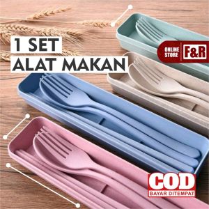 1 Set Alat Makan Sendok Garpu Sumpit + Box Plastik Jerami | Wheat Straw Portable Travel Cutlery