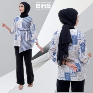 Baju Batik Wanita Atasan Blus Batik Pekalongan Murah Kemeja Lengan Tiga Perempat Berkancing Bersaku Depan Motif Songket Seno Adem New Modern Seragam Pesta Resepsi Kantor Kerja Dinas Keren BatikHafuzaSstore