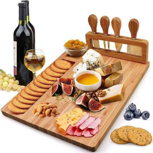 Bamboo Cheese Board Meat Charcuterie Serving Tray W/ 4 Tableware Stainless Steel  Kitchen Food Plate Cutlery Tool