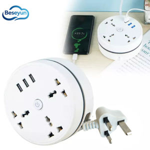 ◎ Beseyun ◎ 5.9 FT Extension Cord UK Plug Retractable Power Strip with 3 USB Ports Long Extension Cord with Multiple outlets for Home Office Indoor Living Room Travel