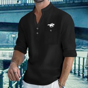 Men Mandarin Collar Long Sleeve Henley Cotton Linen Shirt With Chest Pocket Breathable Lightweight Beach Travel Daily Casual Top2026