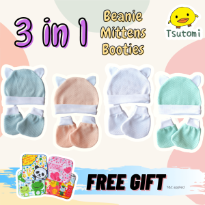 【FREE GIFT】3 in 1 Newborn Baby Eyelet / Cotton Beanie Hat with Mittens & Booties | Beanie + Sarung Tangan & Kaki Bayi Baru Lahir | 新生儿婴儿童帽手套脚套