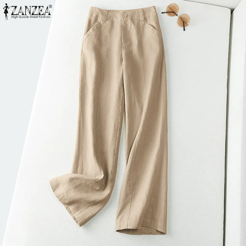 Rulfepy ZANZEA Womens Vintage Cotton Linen Wide Leg Trousers