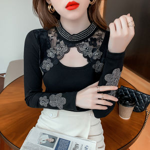 YIMEI เสื้อแฟชั่นสตรีขนาดใหญ่เสื้อ2022 2023ขนาดใหญ่อุตสาหกรรมหนักใหม่ล่าสุดเสื้อปักลูกปัดติดเพชรแบบร้อนเข้ารูปแขนยาว