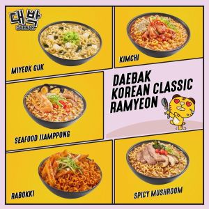 Daebak Ramyeon/ Ramyun / Korea Instant Noodles 5 Flavours Pack of 5 (103g each) - Kimchi Rabokki (Tteokbokki Rice Cake Sauce) Jjamppong (Seafood) Maeun Beoseos (Spicy Mushroom) Miyeok Guk (Seaweed)
