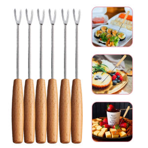 3Pcs Wooden Handle Fruit Fork Party Cheese Hotpot Barbecue Fork Kitchen Heat Resistant Vegetable Salad Tableware Fruit Fork Stainless Steel Fork