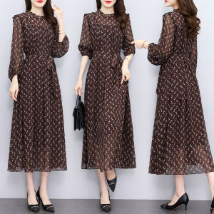 Impression Fashion Women Elegant Loose Cutting Chiffon Flower Ruffle Neck Long Lantern Sleeve Lace-up High Waist A-line Long Dress