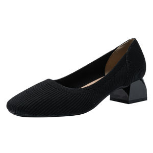 【Ready stock】High Heels Womens 2022 New Solid Color Square Toe Light Mouth Womens Single Shoes Flying Woven Princess Shoes Block Heel1509