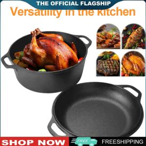【New Arrival】 หม้อเหล็กหล่อดัตช์ 2 in 1 พร้อมฝา สำหรับทำขนมปังและย่าง ทนทาน สีดำสำหรับแคมป์ปิ้งและใช้ในบ้าน