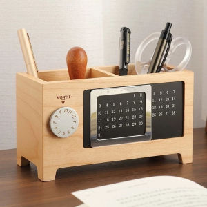 Walnut Wood Multifunctional Pen Holder Office Desktop Storage Box Clock Calendar Model Storage Box