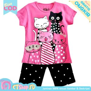 CTShopID SETELAN ANAK PEREMPUAN Fivecats Pink CELANA HITAM 1-10 Tahun