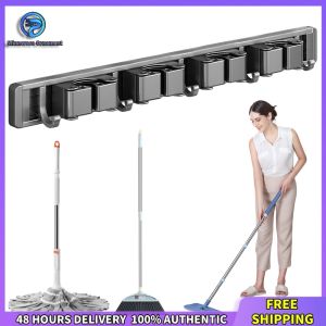Winnereco Sturdy Plastic Wall Mount Broom and Mop Organizer with Hooks for Easy Access