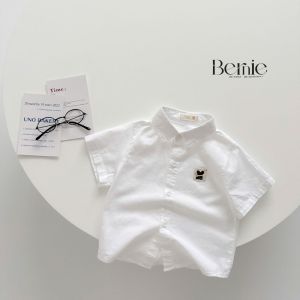 Áo sơ mi thêu gấu ngực viền nổi 2 màu Xanh và trắng tay ngắn bé trai 1 tới 7 tuổi Bernie H1224A41
