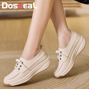 Dosreal Giày đế xuồng Hàn Quốc mới phong cách 4cm retro chính thức Chunky nêm cho giày nữ da thật Muffin đế dày nêm giày dép chống trượt Giày đế bệt phẳng phụ nữ Giày