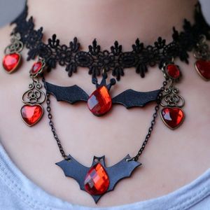 HPVDBP Vintage Gothic Choker Red Rhinestone Heart Dark Style Halloween Necklace Steampunk Black Beaded Flowers Bat Earrings Party Costume