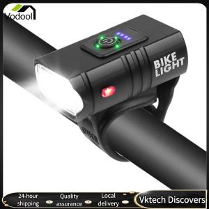 【Vodool】 LED Bicycle Front Light Aluminum Alloy with Tail Light Powerful Bike Front Light IP44 Waterproof Power Display Riding Safety Accessories