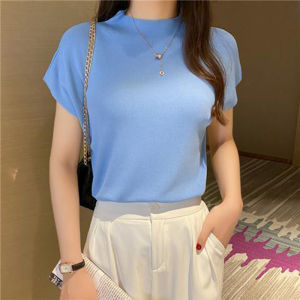 🎀 SIS Knitted Bottoming Short Sleeve Slim Fit Half Turtleneck Puff Sleeve Thin Cropped Blouse