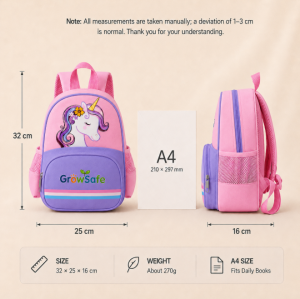 GrowSafe 2026 New Cute Unicorn Lightweight Kids Kindergarten Backpack for Girls