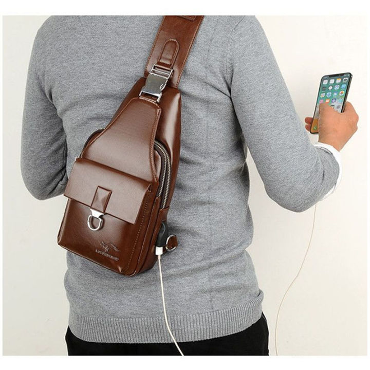 Men Original Leather Casual Triangle Crossbody Chest Sling Bag Design Travel One Shoulder Bag