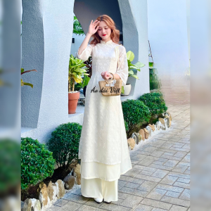 Áo dài cách tân tết 4 tà tơ đốt cao cấp màu kem be nữ mùa xuân may sẵn áo dài nữ đẹp