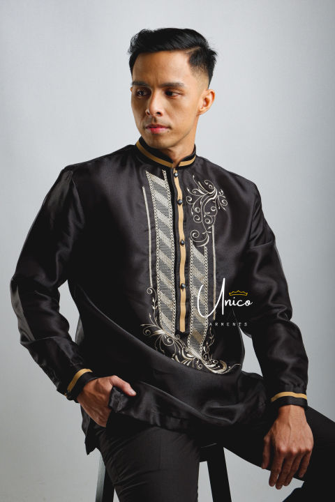 Barong Tagalog for Men Piña Organza with Lining Black With Rustic Accent