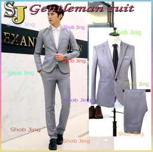 ชุดสูท ผู้ชาย 2 ชิ้น เสื้อสูท + กางเกง เนื้อผ้าบางเหมาะ แต่งงาน สูทชูตู่สีเขียว 2 ชิ้น