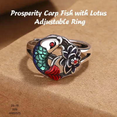 Fengshui Prosperity Carp Fish Koi Fish with Lotus Flower Lucky Charm Adjustable Ring