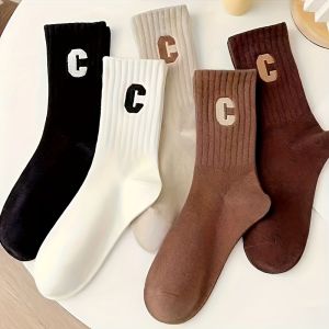 5/10Pairs Womens Long-Calf Cotton Socks Cotton Sporty Streetwear Style Anti-Odor Trendy Embroidered trendy socks