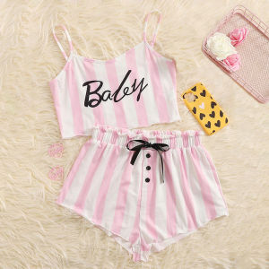 ELF TRIBE Pajamas Women Camisole Tank Top Shorts Letter Print Cute Girl Pink Striped Ladies Homewear Set
