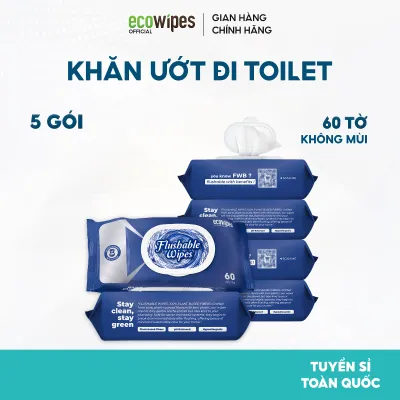 Thùng 05 Gói Khăn Ướt Đi Toilet Flushable EcoWipes Gói 60 Tờ Khăn Lau Vệ Sinh Tự Phân Hủy Trong Nước