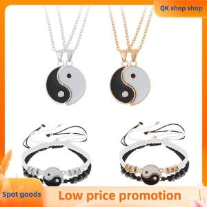 ✨QK shop✨ 2Pcs Tai Chi Yin Yang Couple Bracelets Necklaces Set Pendant Adjustable Braid Chain Bracelet Matching Lover Bracelets Choker