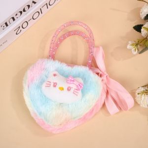 TUmama Ba lô hình trái tim mờ mèo Kitty hoạt hình dễ thương cho trẻ em thiết kế vải nhung mềm mại với tay cầm nơ hoàn hảo để sử dụng thường nhật và lưu trữ