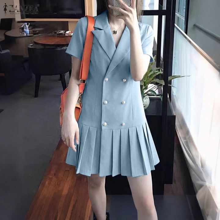 ZANZEA Korean Style Women Fashion Suit Neck Short Sleeve Dresses A-Line Pleated Plain Mini Sundress #0504 | Lazada PH ZANZEA Korean Style Women Fashion Suit Neck Short Sleeve Dresses A-Line Pleated Plain Mini Sundress #0504 | Lazada PH
