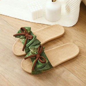 New Fashion Bowknot Linen Slippers For Women Indoor Sweat-Absorbing Non-Slip Silent Soft-Soled Home Sandals