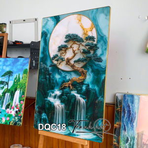 Tranh tráng gương treo tường 3d đẹp Tranh Decor hiện đại tượng trưng cây tùng trên thác đổ tráng gương treo tường DQC18