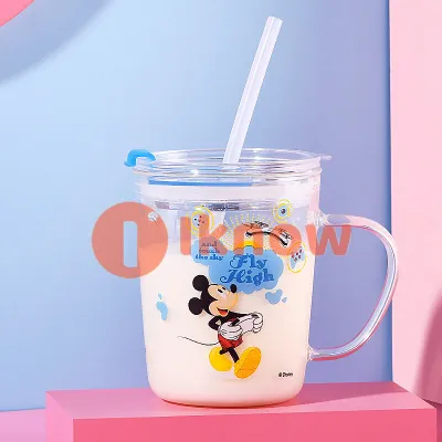 Disney Kids Cups with Straw and Lid Handle Spill Proof Sippy Mugs for Toddlers Glass Water Bottle with Scale 350 ml /12 oz