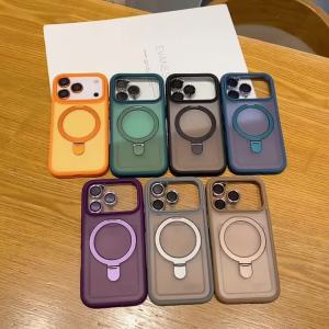 Metal Ring Stand Matte Magnetic Case for Magsafe IPhone 16 15 14 13 12 11 17 Pro Max Plus  17 with Protector Mac Safe Cover