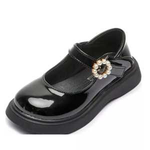 Sepatu Flat Anak Perempuan Cincin Permata Kasual Hitam Glossy Bisa COD