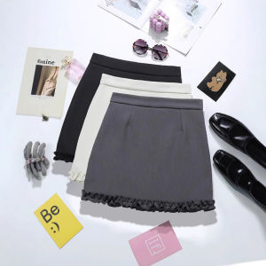 COD design sense fungus edge gray short skirt fashion womens clothing showing leg length A-shaped skirt versatile solid color skirt 93532026 new product
