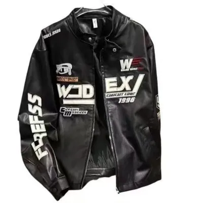 Trang phục dạo phố cổ điển cho nam Áo khoác da đua xe thời trang áo khoác Biker thêu áo khoác ngoài cổ đứng hợp thời trang