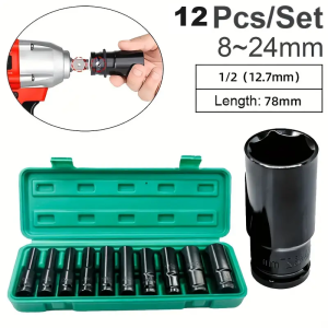 Set Mata Kunci Impact Panjang Multifungsi 1/2 Inch 8-24mm 12 Pcs dengan Sambungan untuk Inverter