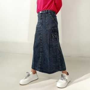 Rok Jeans Cargo Anak Perempuan Usia 7-15 Tahun Pinggang Reguler