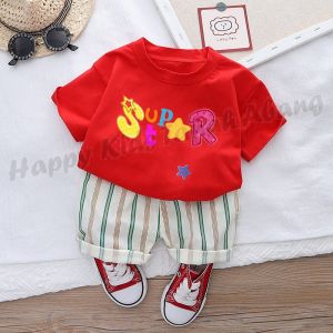 Setelan Baju Anak Laki Laki Warna Merah Bahan Katun / Set Pakaian Anak Laki Laki Kekinian / COD Baju Anak / Set Pakaian Bayi Laki Laki / Setelan Baju Bayi Laki laki