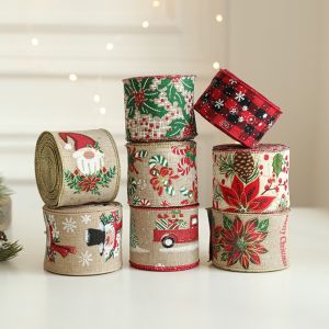 FDGFGG 2M/Roll Linen Christmas Ribbon Tree Printed Xmas Gift Wrap Ribbon Christmas Tree Decoration Snowflake Bouquet Ribbon New Year Gift