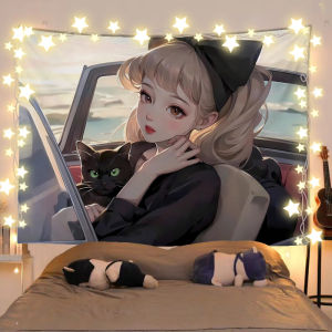 Gadis dan Kucing 2 Anime Menyembuhkan Ilustrasi Pemandangan Gadis Bilik Aksesori Bilik Tidur Kain Latar Belakang Sisi Katil Kain Dinding Kain Gantung