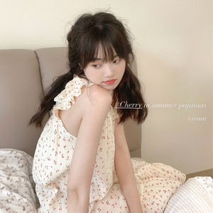 Ruige Womens Pajamas  Summer New Sweet Cute Elastic Straps Skirt Small Cherry Slip Nightdress Homewear