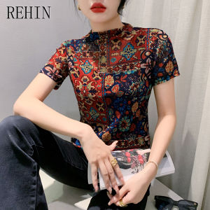 REHIN เสื้อยืดผู้หญิงผ้าตาข่ายแขนดอกไม้พิมพ์สั้นที่ไม่ซ้ำกันทันสมัยฐานเข้ารูปพอดีแฟชั่นแบบใหม่ในฤดูใบไม้ร่วง