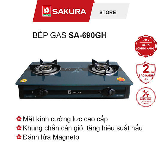 Bếp gas đôi Sakura SA-690GH chính hãng 100% trưng bày Mặt bếp Kính cường lực Đầu đốt Đầu đốt thông thường Kiềng bếp Kim loại phủ men chống dính,